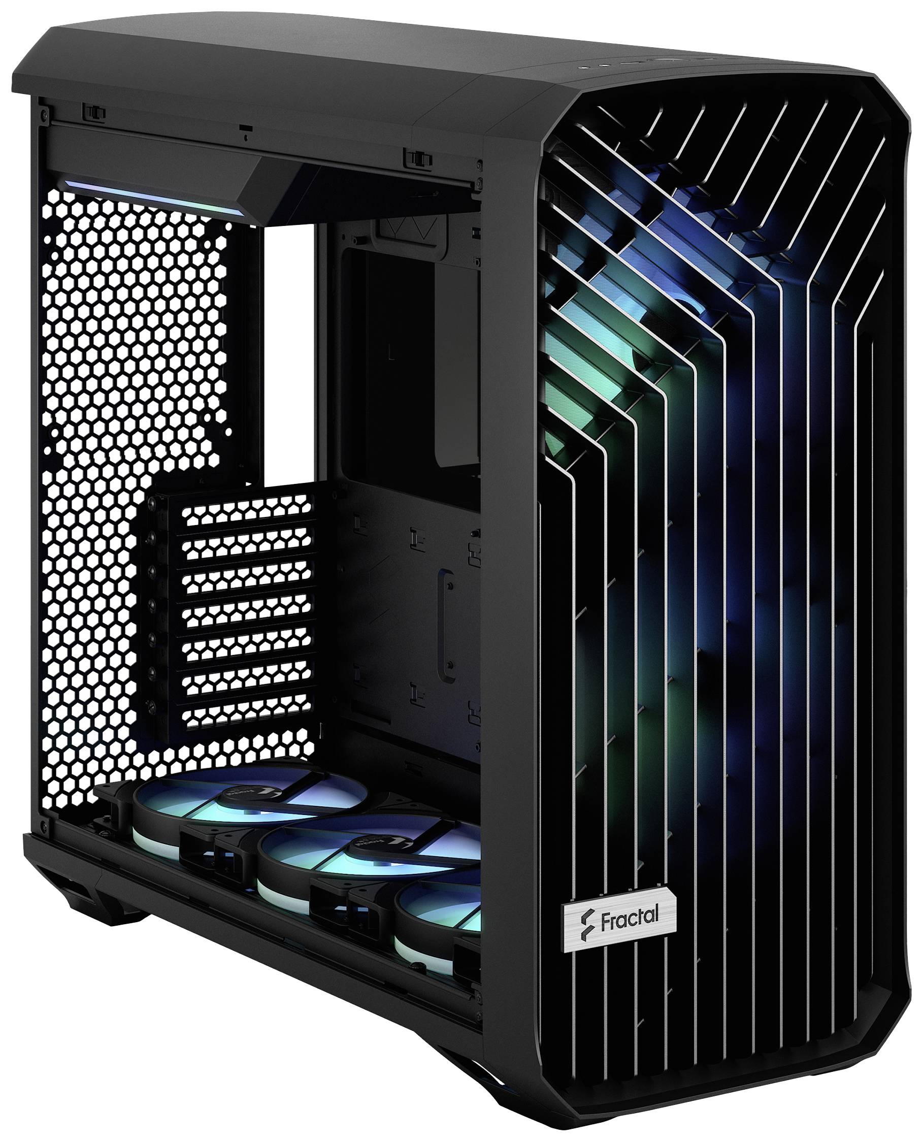 Case per computer nero con design moderno; mostra illuminazione e lati aperti per un'installazione semplice dei componenti.