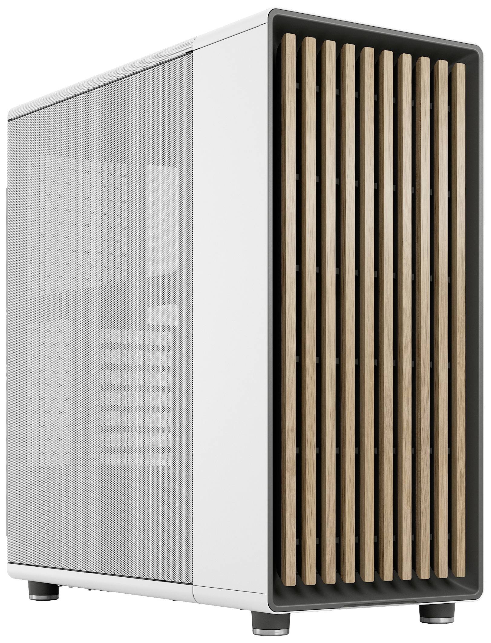 Un case per computer bianco con un frontale in listelli di legno verticali e un lato in rete per una migliore ventilazione.