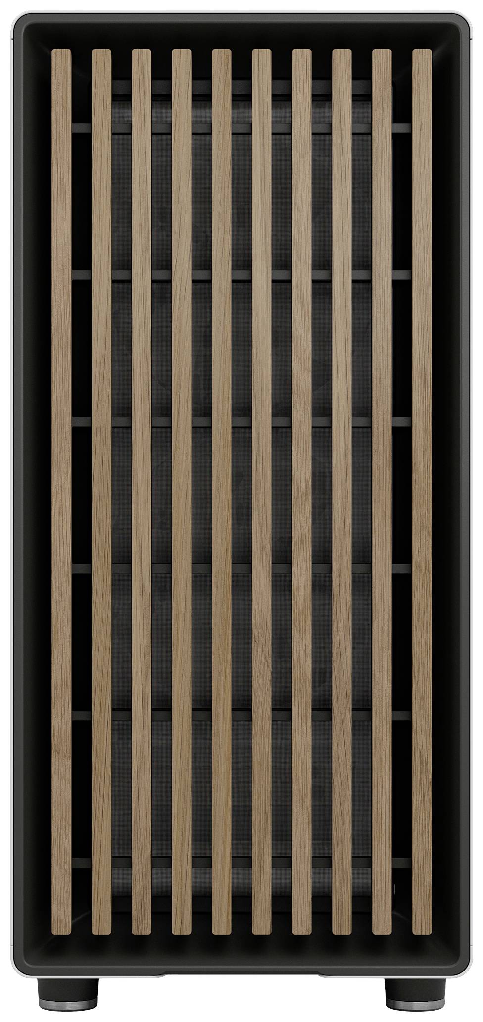 Un altoparlante verticale in involucro nero con diversi elementi verticali in legno sul lato frontale.