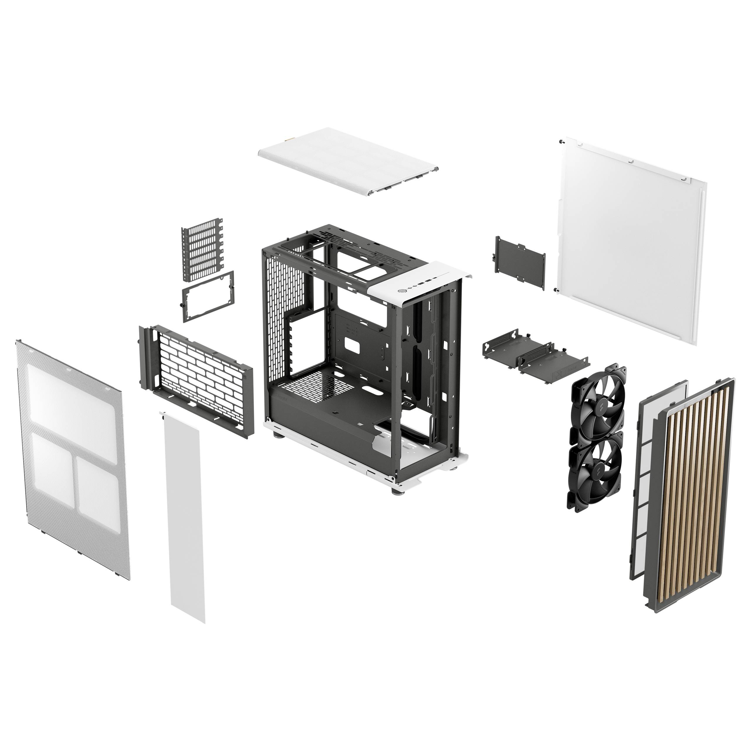 Rappresentazione esplosa di un case per PC con pannelli laterali rimossi e componenti, che mostra la struttura interna e i ventilatori.