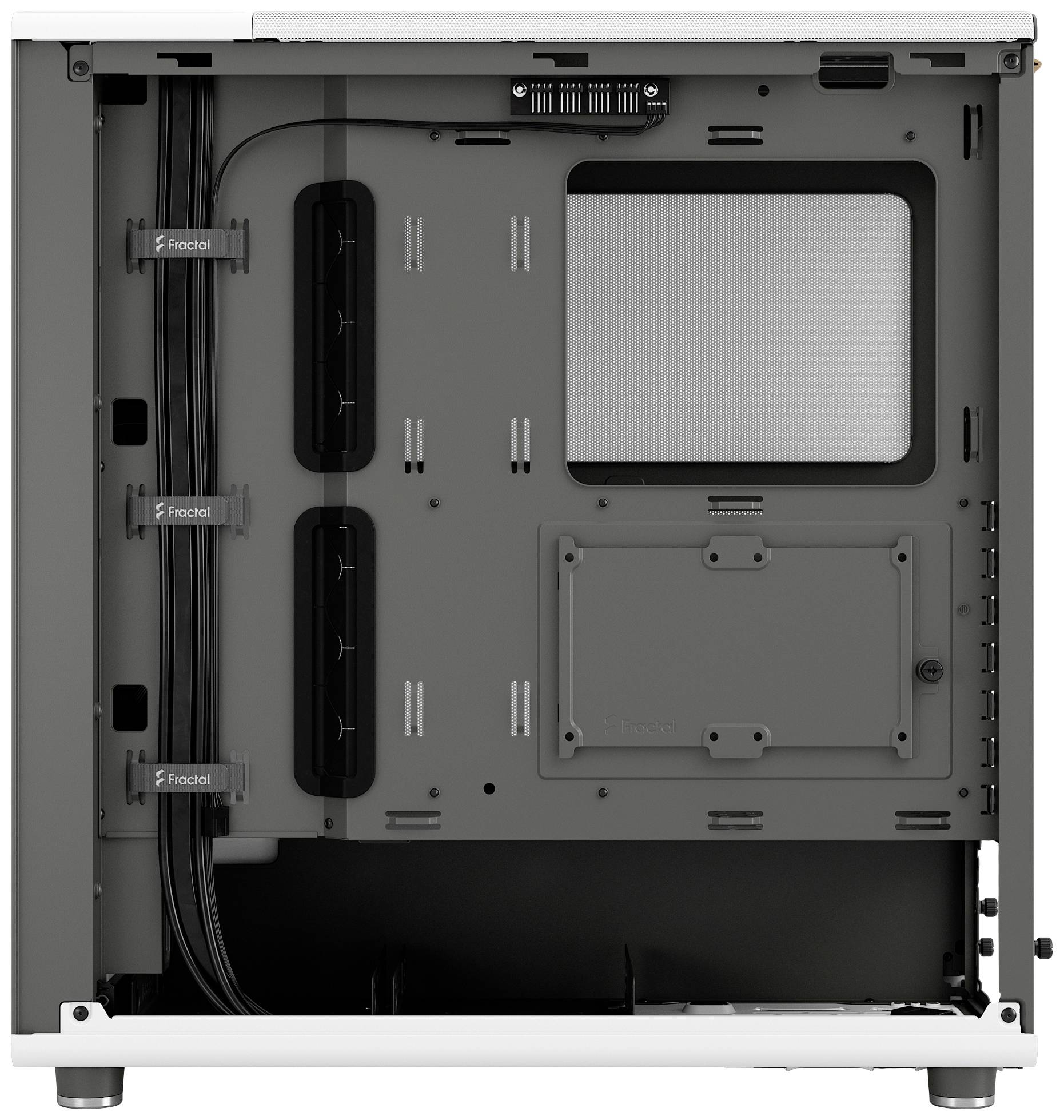 Lato interno di un case per computer, visibili gli slot per la gestione dei cavi e i punti di fissaggio, senza componenti installati.