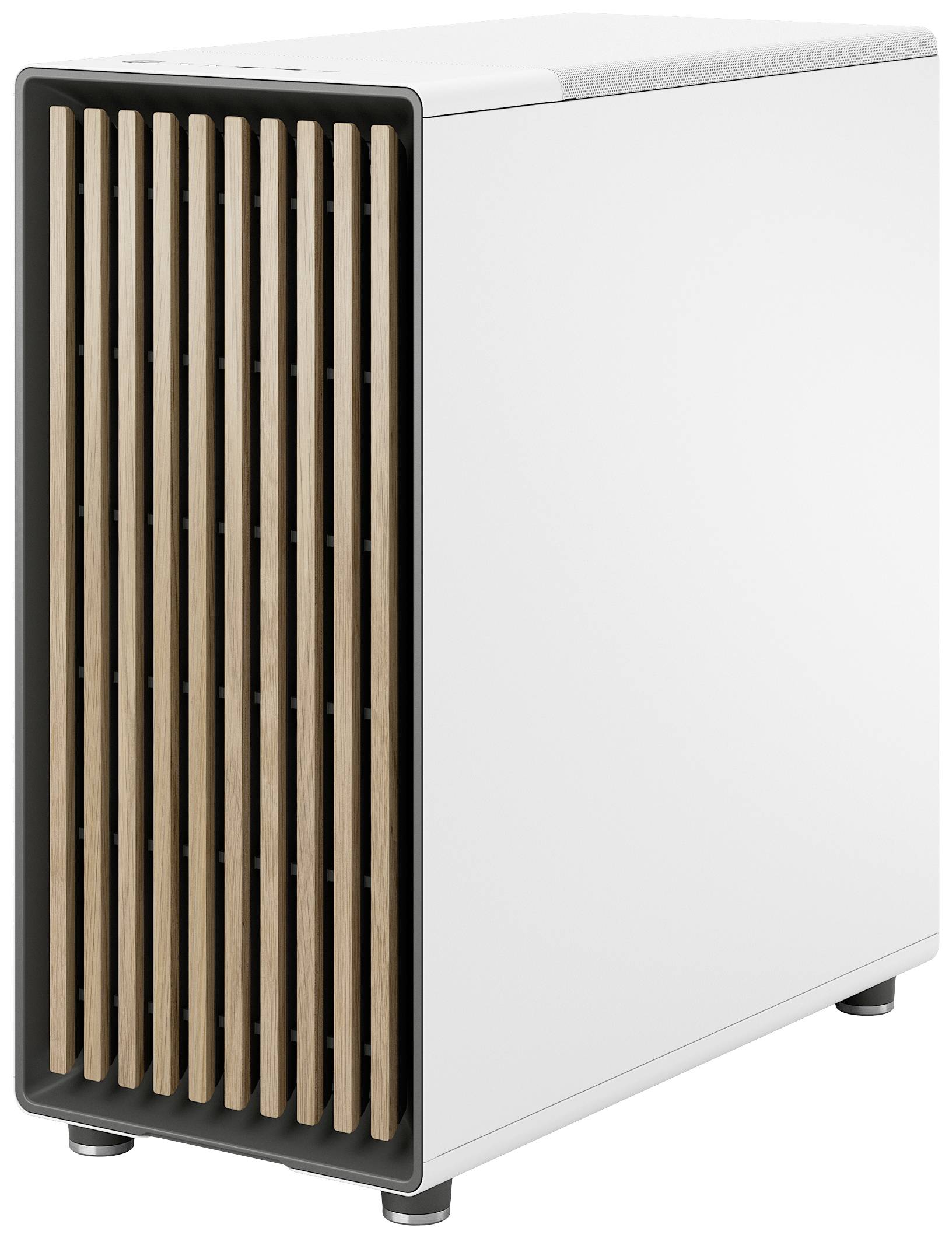 Un case per computer moderno con un involucro bianco e un frontale con lamelle di legno.