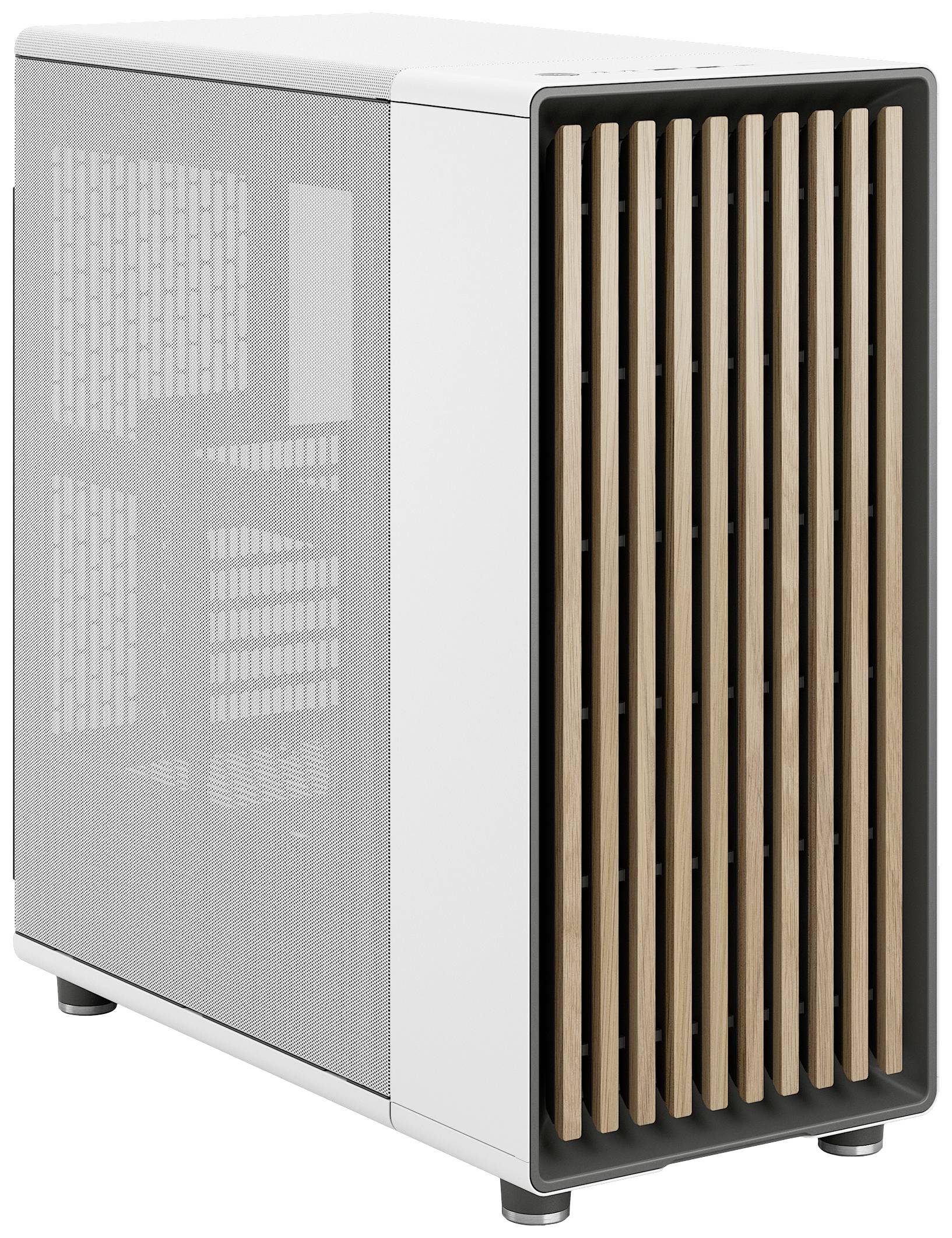 Un case per computer bianco con un'apertura laterale in mesh e una parte frontale con doghe verticali in legno. Design minimalista.