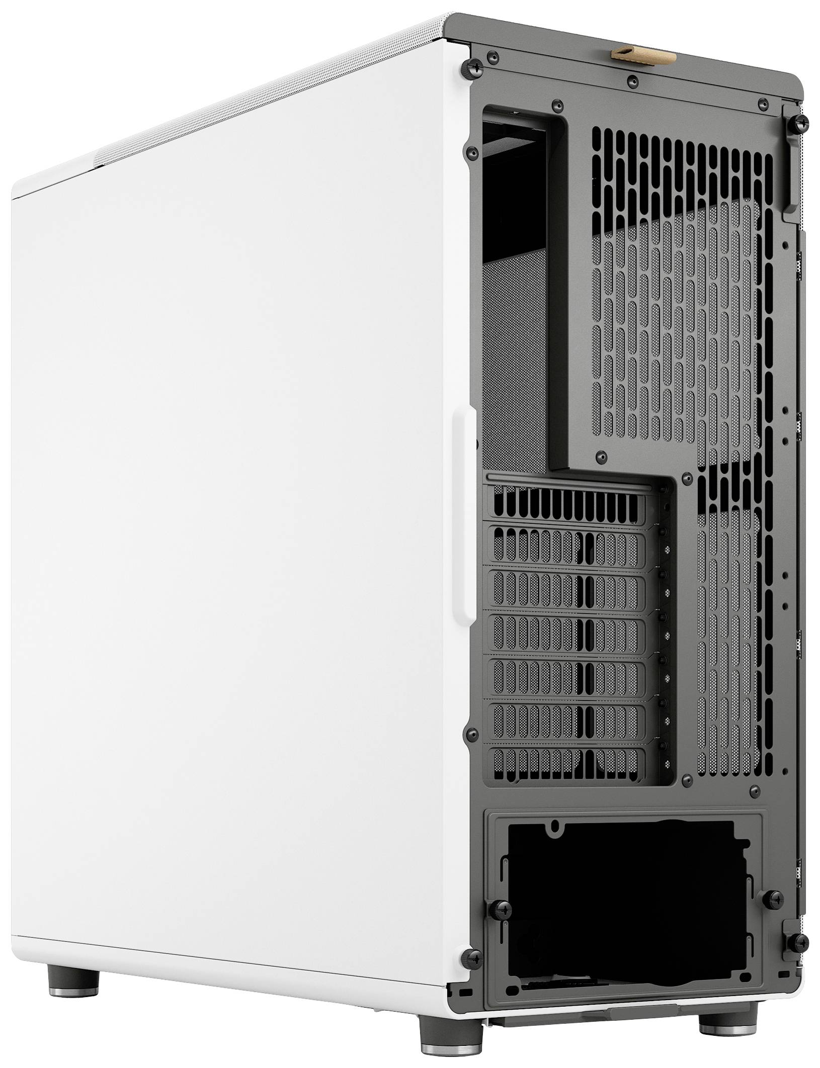 Un case bianco per PC con parte posteriore aperta, che mostra le griglie di ventilazione e gli slot di espansione, poggiato su una superficie liscia.