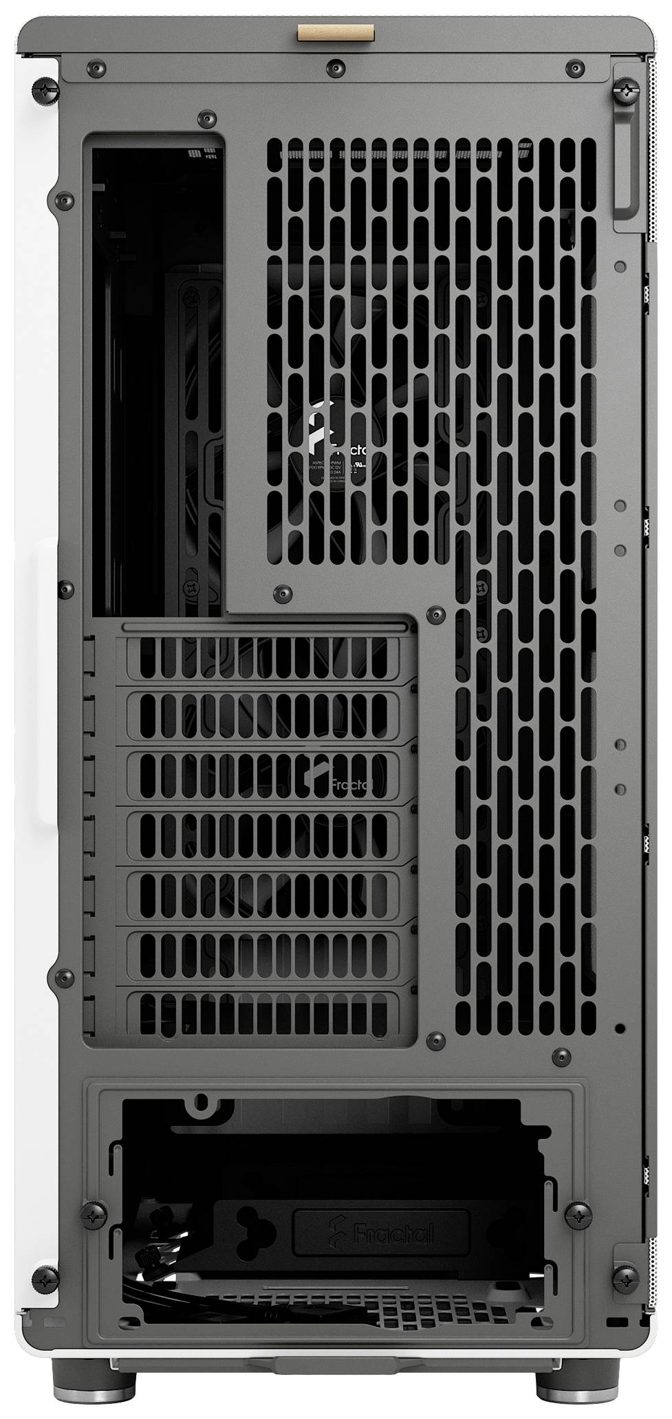 Retro di un case per computer desktop con griglie di ventilazione, slot di espansione aperti e un'area per l'alimentatore in basso.