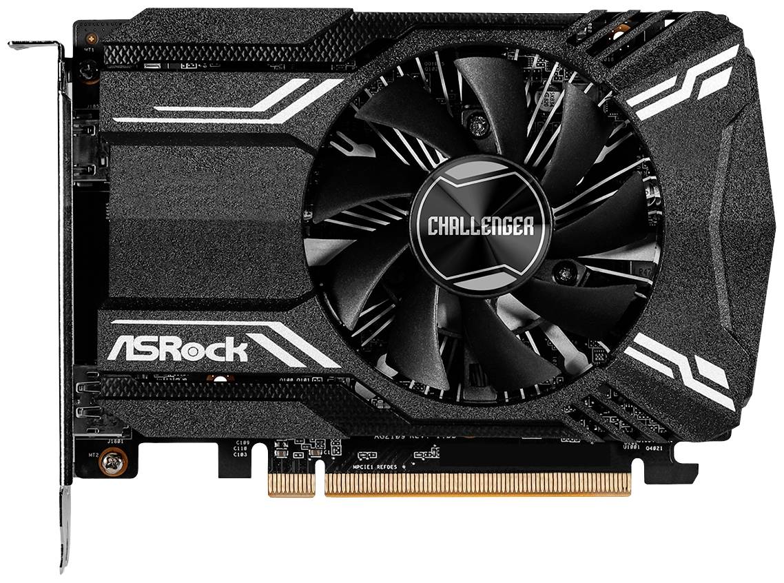 Scheda grafica ASRock, modello Challenger con ventola centrale, principalmente nera con accenti bianchi.