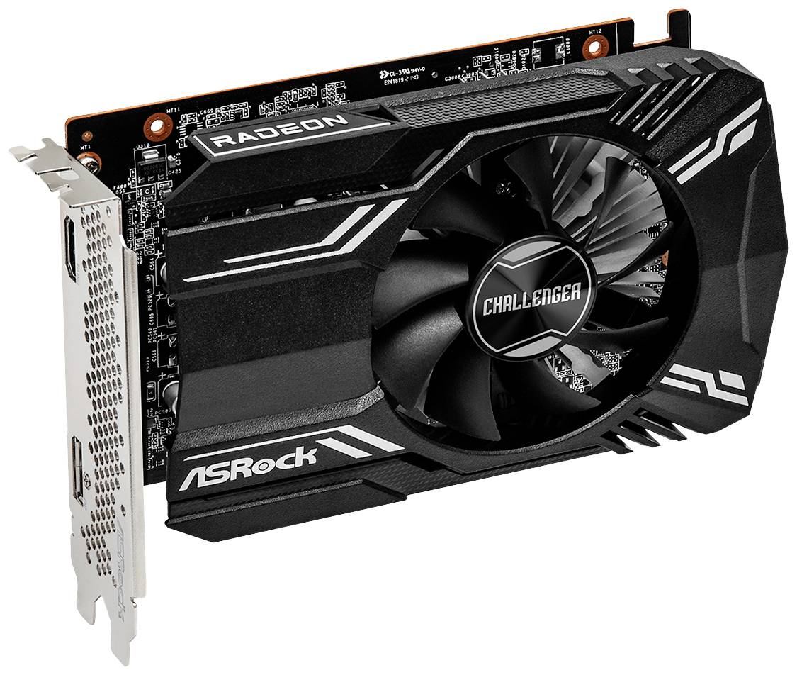 Scheda grafica nera con accenti argentati. Scritta: 'Radeon' e 'Challenger'. Produttore: ASRock. Ventole visibili.
