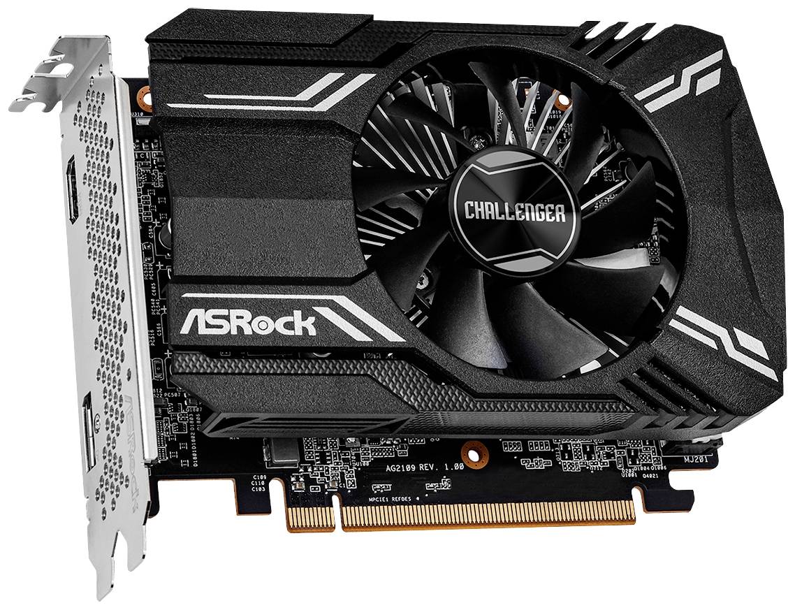 Una scheda grafica ASRock con un ventilatore al centro. Il modello è 'Challenger'. È di colore nero con accenti bianchi.