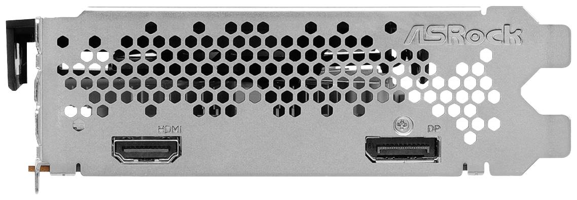 Retro di una scheda grafica ASRock con porte HDMI e DisplayPort.