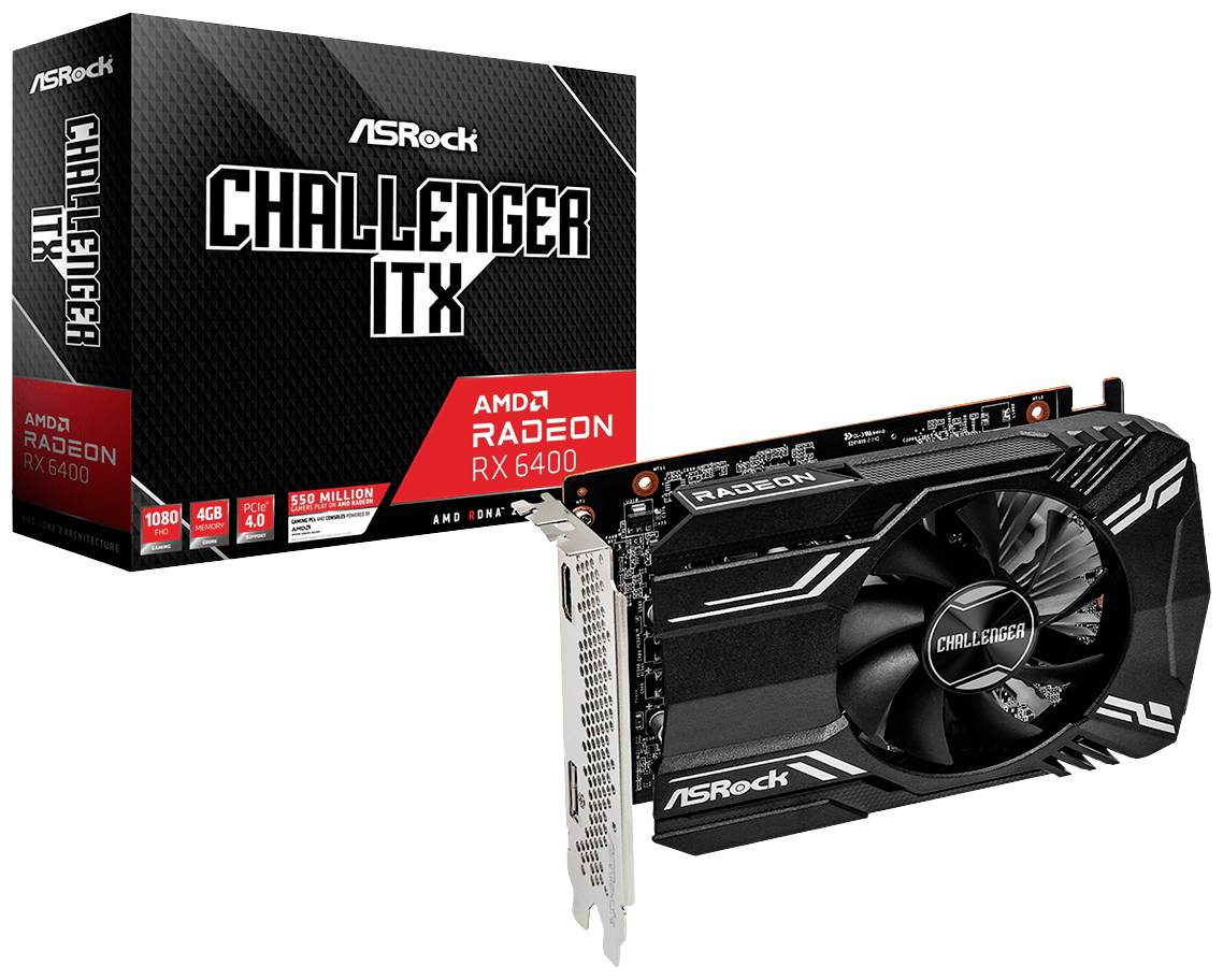 Scheda grafica ASRock Challenger ITX RX 6400 prima dell'imballaggio. Specifiche stampate: 4GB GDDR6, PCIe 4.0, AMD Radeon RX 6400.
