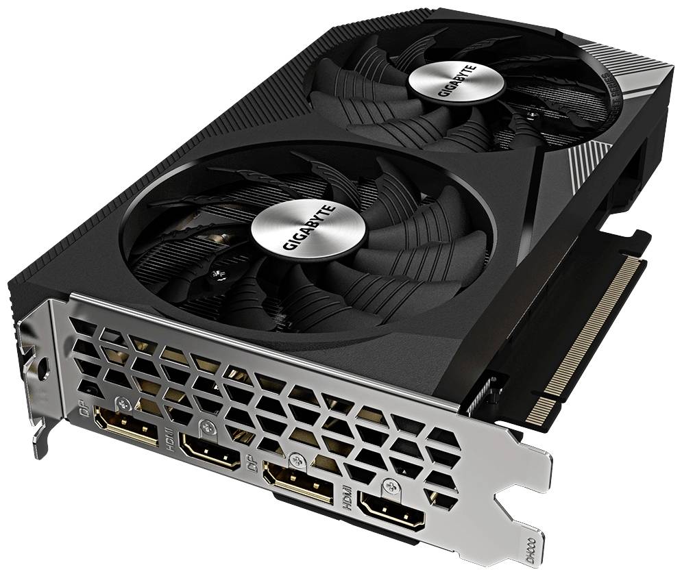Una scheda grafica nera con due ventole e diversi connettori sul lato, tra cui HDMI e DisplayPort.