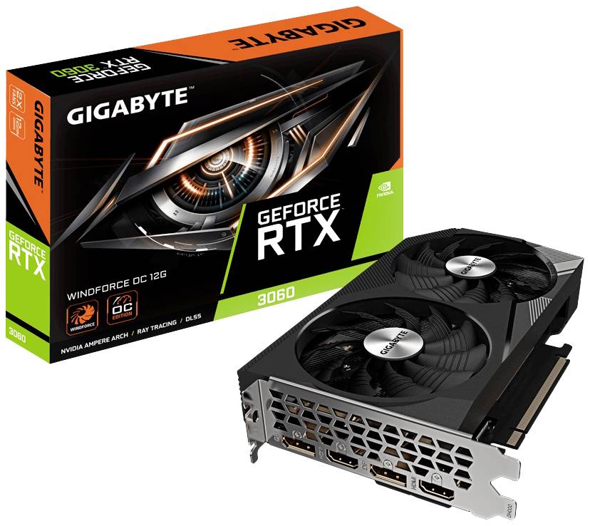 Una scheda grafica nera di Gigabyte, modello GeForce RTX 3060, è posizionata davanti al suo imballaggio arancione, nero e verde.