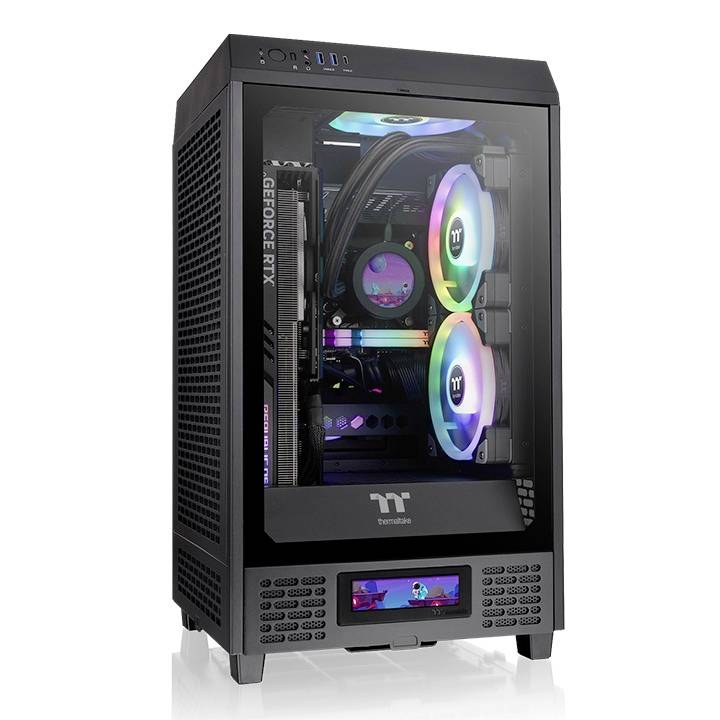 PC da gaming con componenti illuminate all'interno del case. Include scheda grafica, ventole e illuminazione RGB.