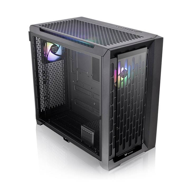 Custodia per computer nera con pannello laterale trasparente. Due ventole LED sono visibili, che emettono luci colorate.