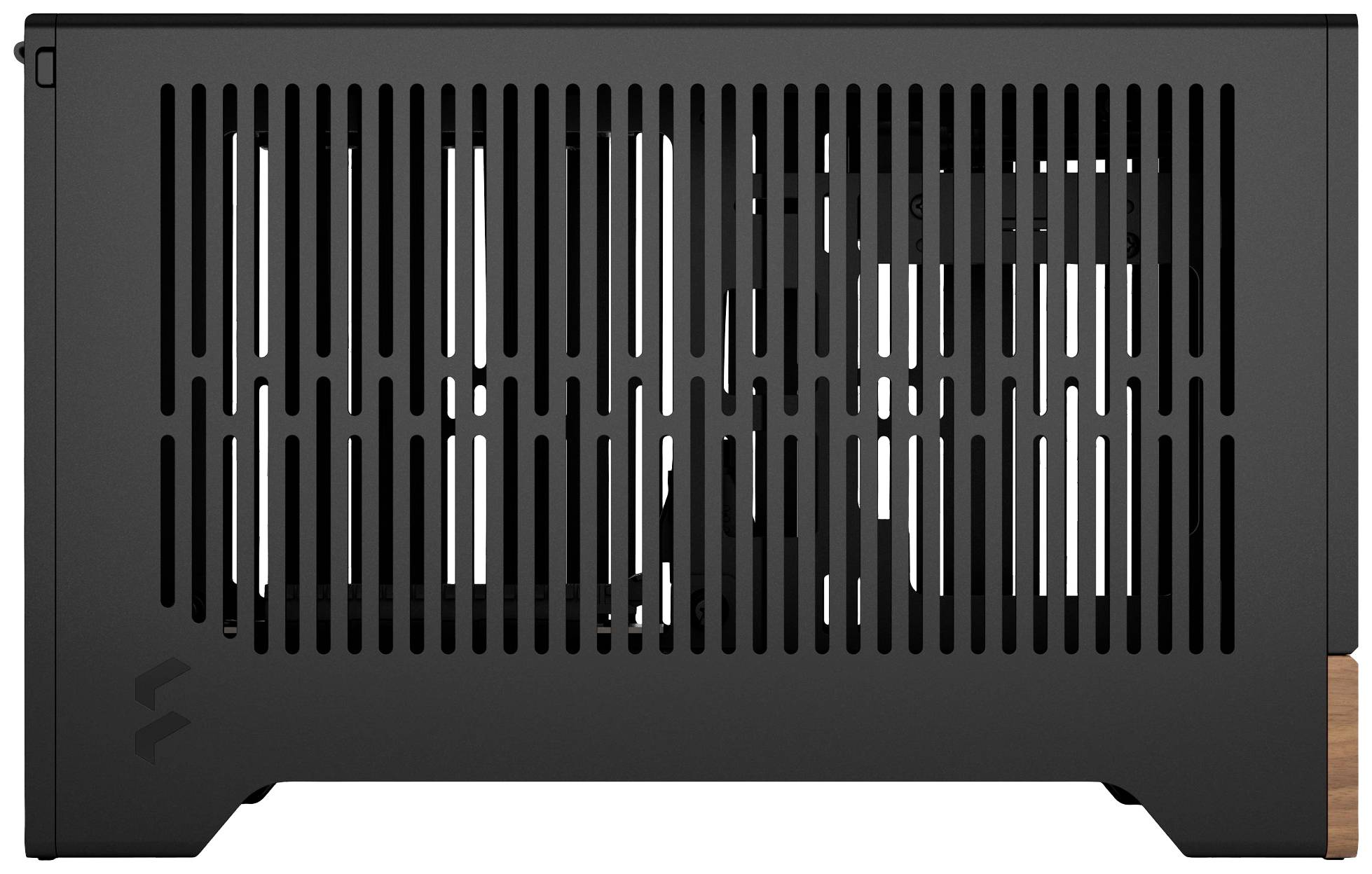 Custodia per computer nera con fessure di ventilazione verticali. Design moderno, compatto e adatto per configurazioni PC di piccole dimensioni.