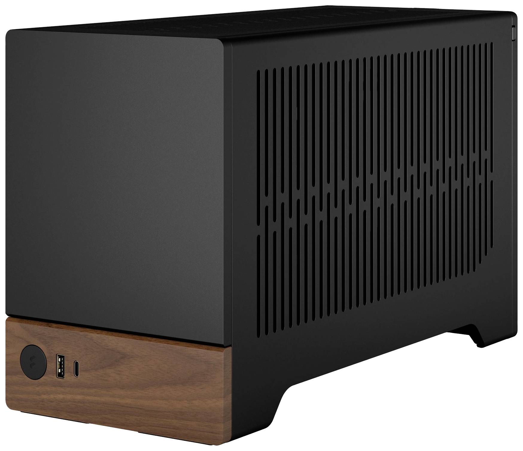 Cubo compatto per case del computer di colore nero con elemento in legno nella parte inferiore e fessure di ventilazione sul lato. Porta USB sulla parte anteriore.