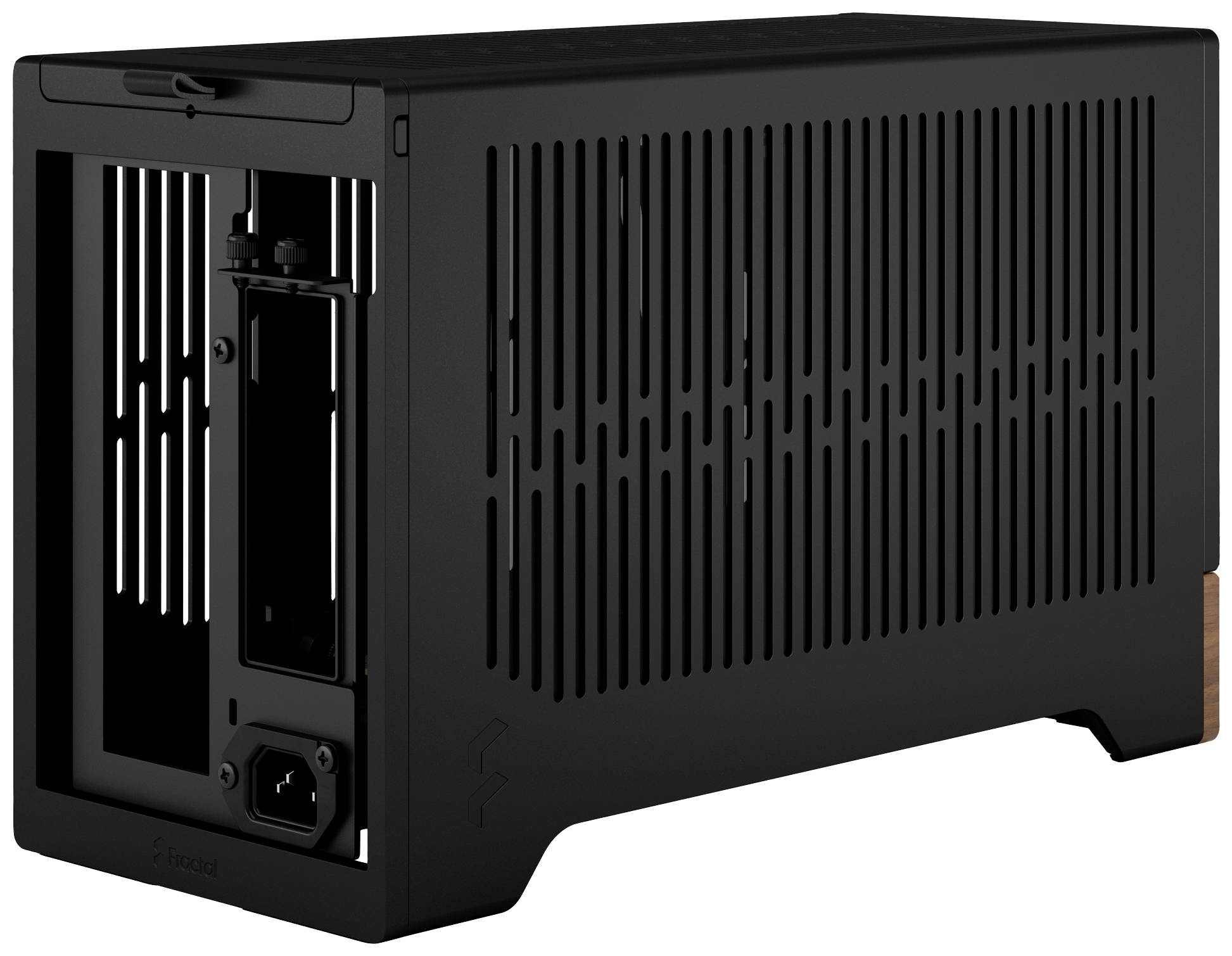 Custodia per computer nera con retro aperto per mostrare i fori di ventilazione verticali. Adatta per schede madri di piccolo fattore di forma.