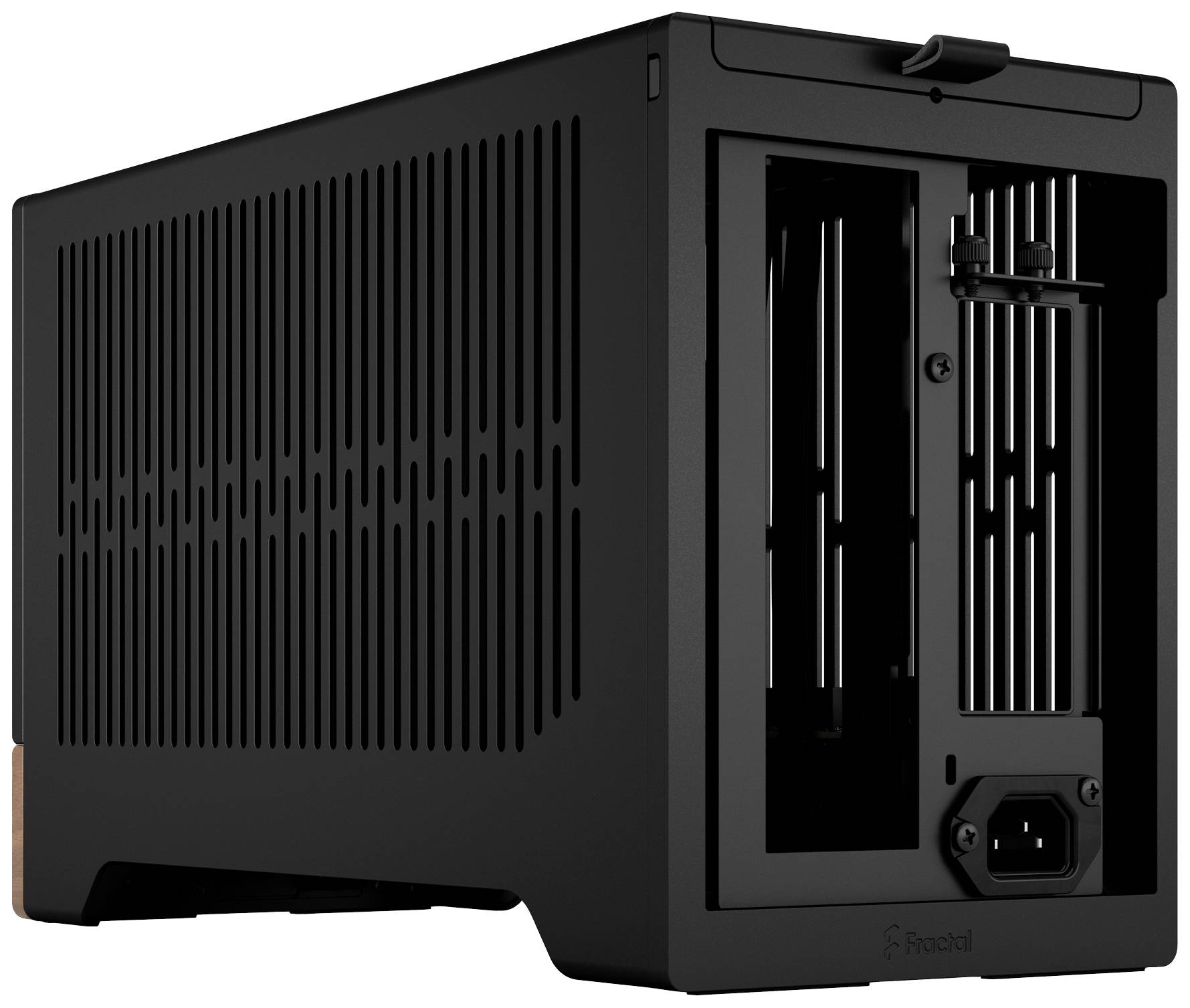 Un involucro nero e rettangolare per computer con fessure di ventilazione verticali. Il retro mostra un attacco di alimentazione.