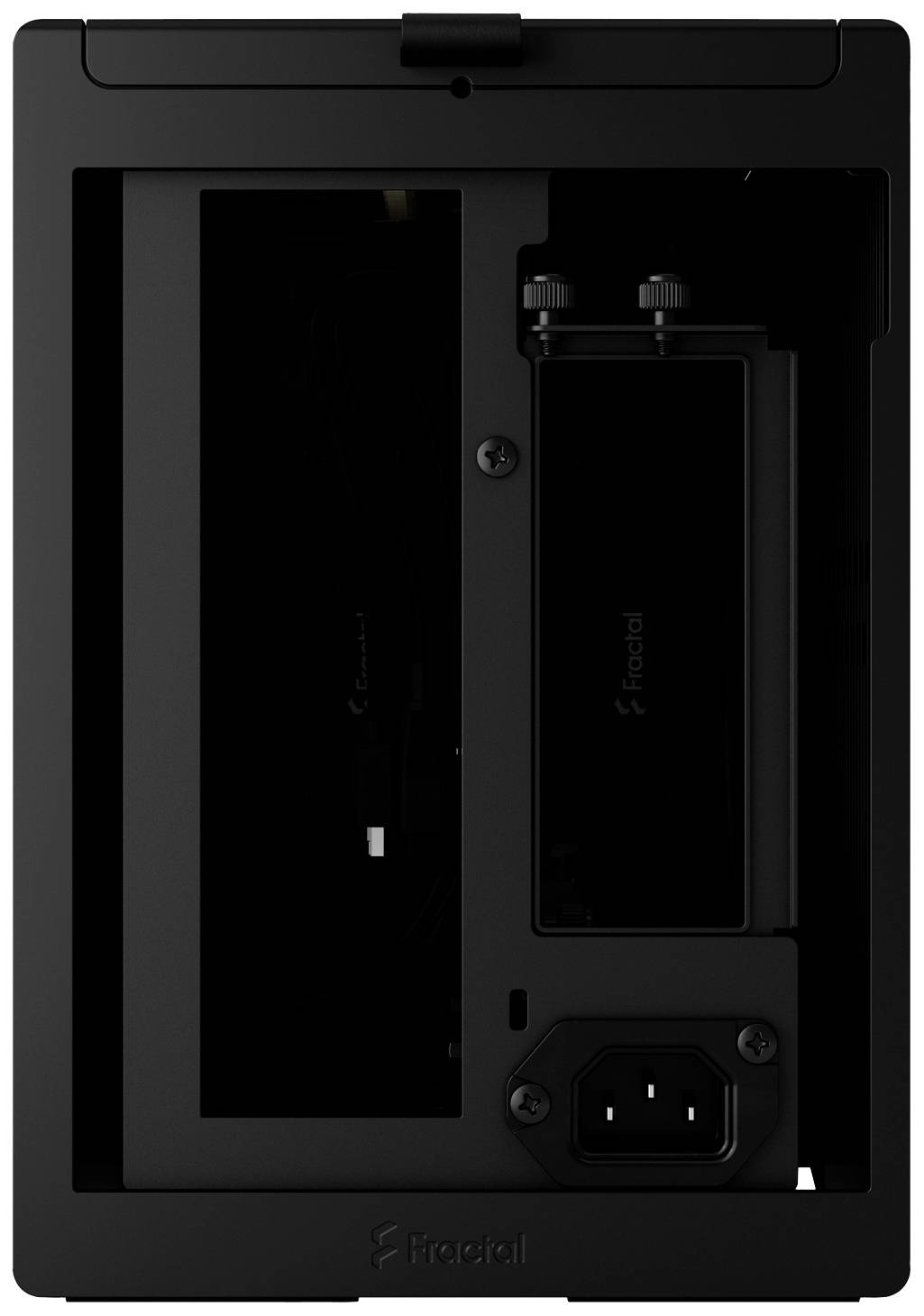 Custodia nera per computer vista dall'alto, con apertura quadrata, cavi integrati e alimentatore. Design minimalista.