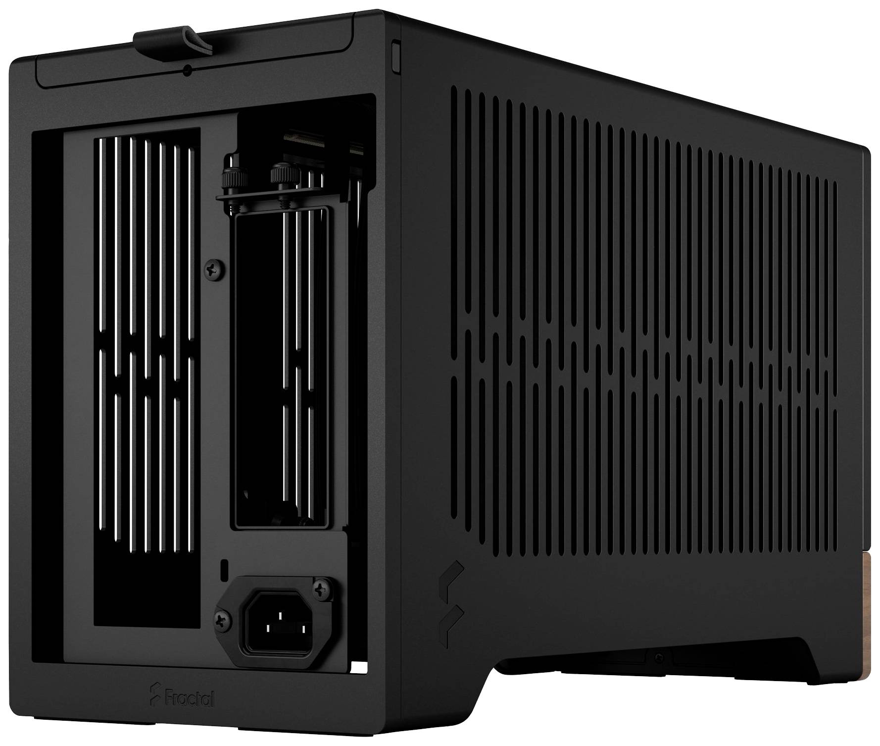 Un case per computer nero, rettangolare, con fessure di ventilazione laterali e un retro aperto per connessioni e cavi.