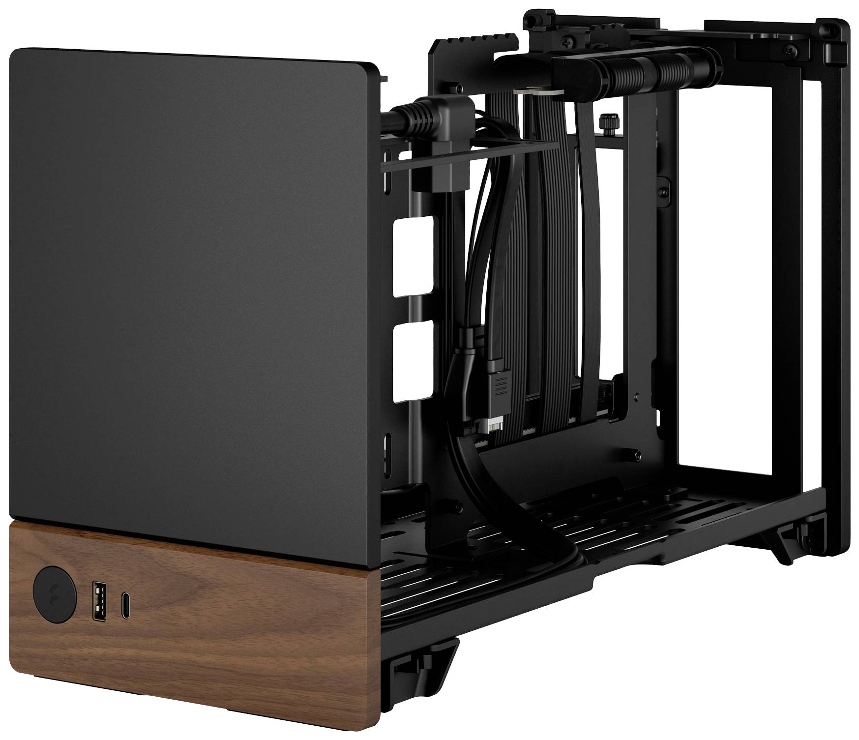 Telaio aperto per case del computer in nero e finitura legno, idoneo per la gestione dei cavi e il montaggio di componenti informatici.
