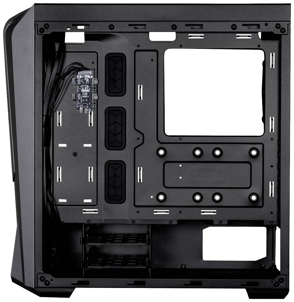 Case per PC privo di componenti, che mostra l'interno con vani per hard disk aperti, opzioni di gestione dei cavi e aperture per il flusso d'aria.