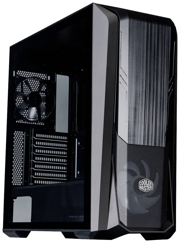 Un case nero per computer con ventola e diversi slot di espansione, contrassegnato con 'Cooler Master' sulla parte anteriore.