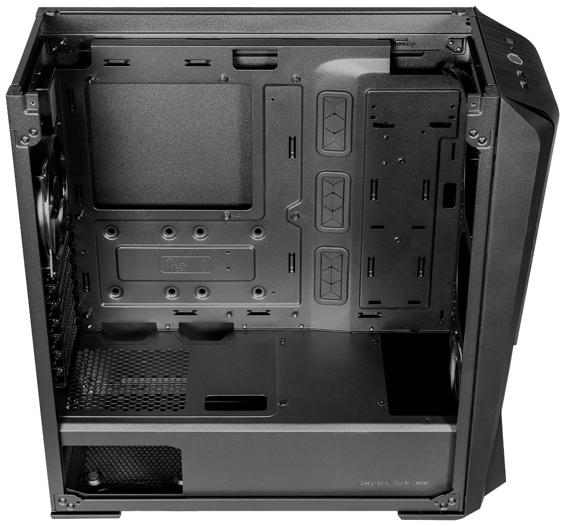 Un involucro per computer vuoto in metallo nero con lati aperti. Sono visibili gli slot per ventole e hard disk.