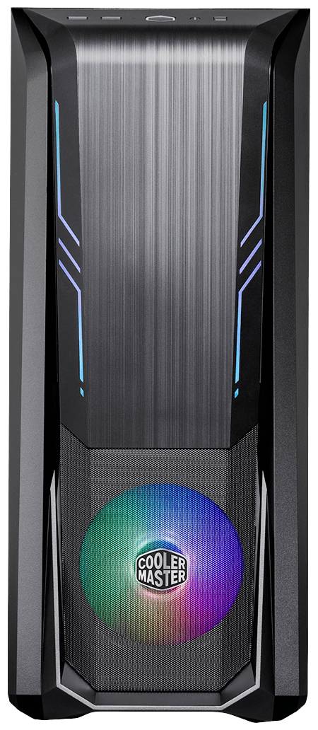 Case per PC da gaming in nero con ventola illuminata e illuminazione di accento a LED blu. Modello 'Cooler Master'.