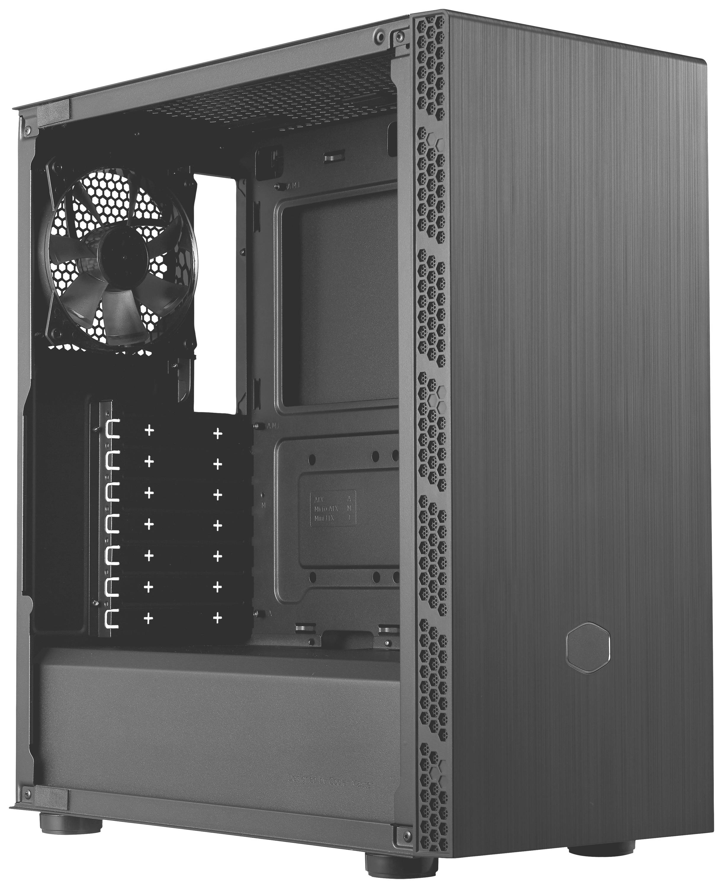 Involucro PC aperto in metallo nero con ventola integrata. Gestione dei cavi e slot di espansione visibili.
