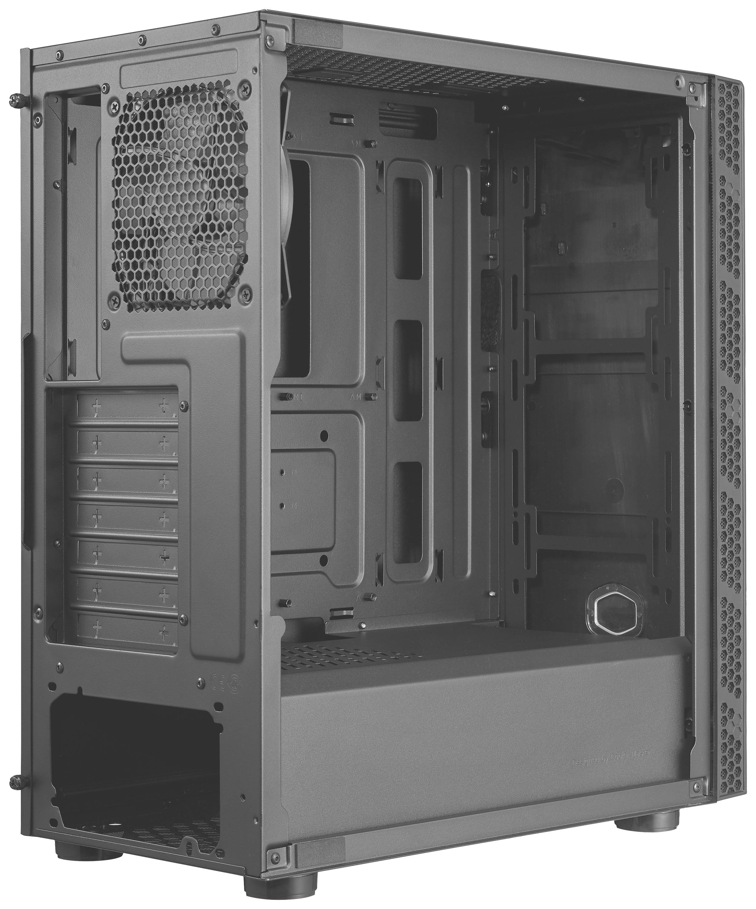 Involucro metallico per computer, vista laterale. Sono visibili le griglie di ventilazione e diversi slot di espansione. Ideale per assemblaggio PC.