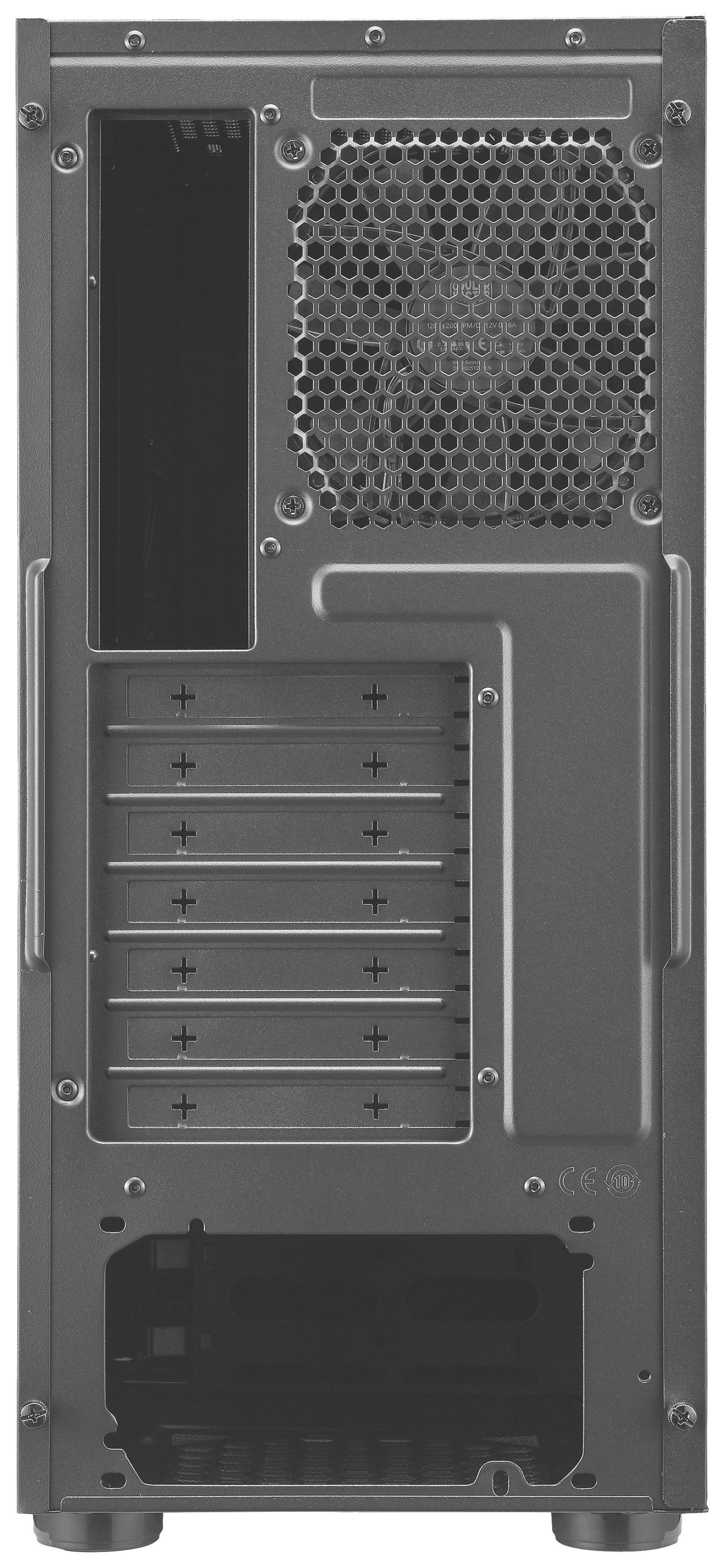 Retro di un case per computer con aperture di ventilazione, diversi slot di espansione e area per il collegamento del cavo di alimentazione.