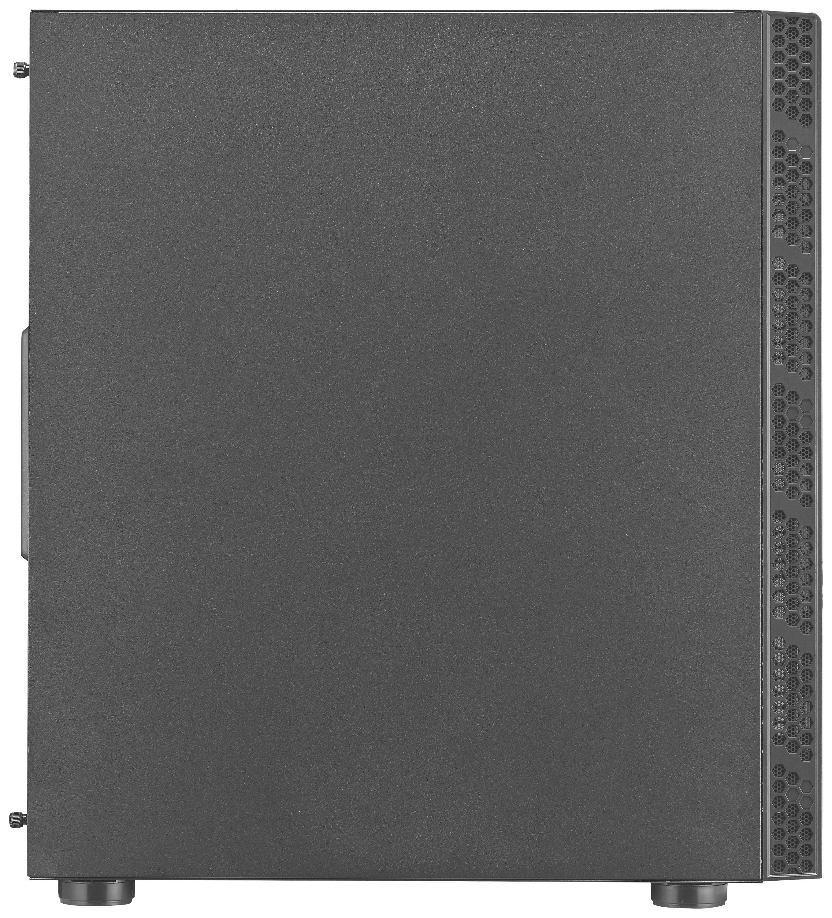Un case per PC grigio, visto di lato, senza finestre o porte visibili.