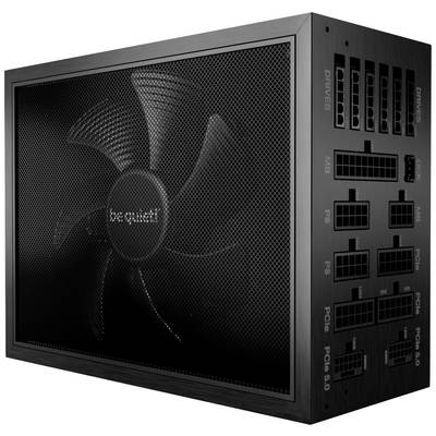Alimentatore per computer nero con ventola e multiple porte sul lato, con il marchio 'be quiet!' visibile sul ventilatore.
