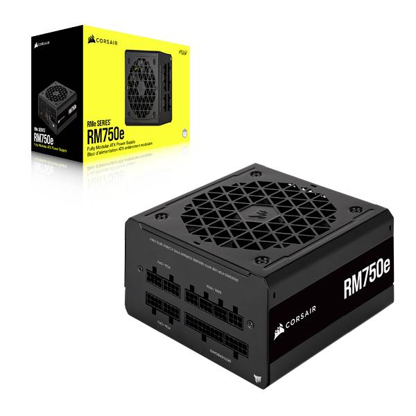 Alimentatore Corsair RM750e, nero, con cavi rimovibili. Mostrato con confezione, adatto per sistemi PC ad alte prestazioni.