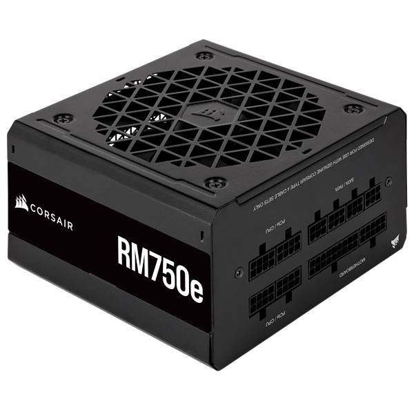 Alimentatore modulare Corsair RM750e nero, con multiple slot per cavi, adatto per assemblaggio e riparazione di computer.
