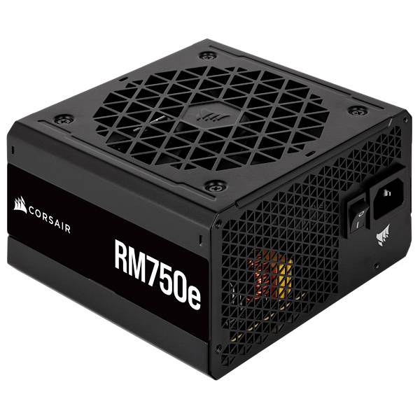 Alimentatore per computer 'Corsair RM750e', design nero rettangolare con griglia di ventilazione superiore; adatto per PC ad alte prestazioni.