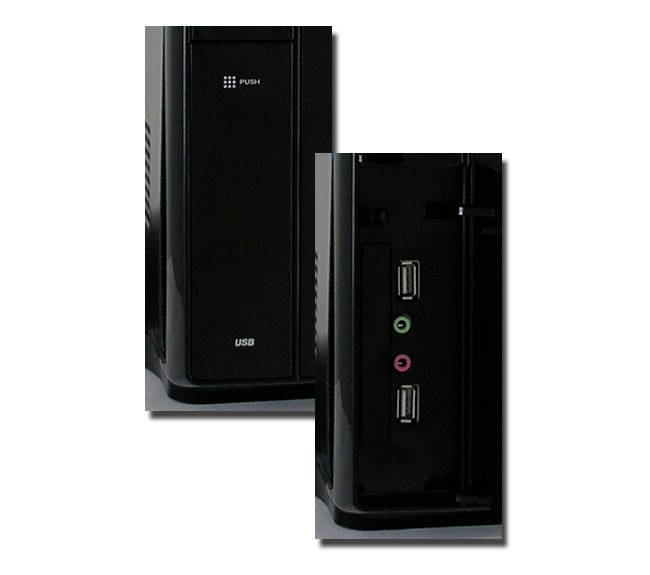 Il computer nero mostra la vista frontale e laterale con porte USB e ingressi audio.