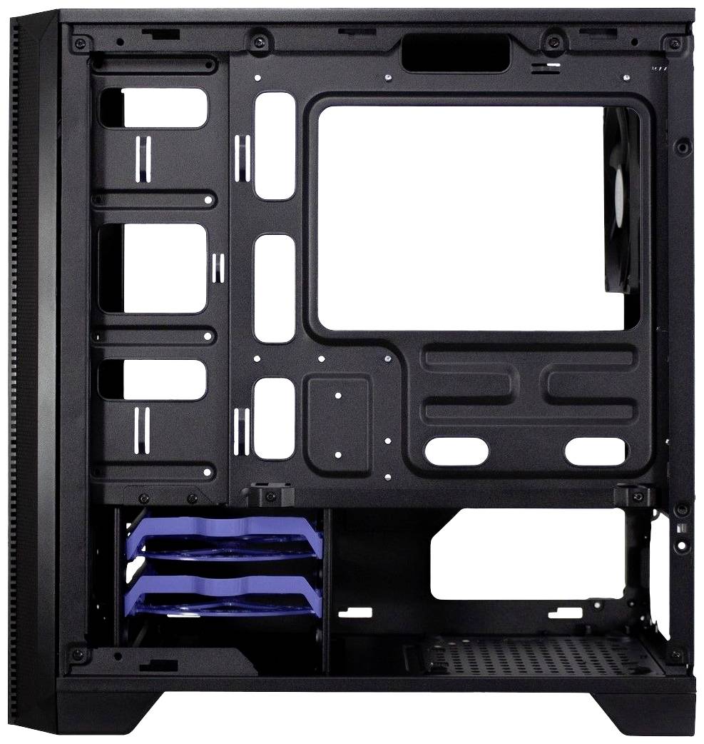 Interno di un case per computer con vani per unità vuoti, supporto per scheda madre e slot di espansione.