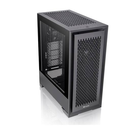Un case per computer nero con pannello laterale trasparente e parte anteriore ventilata, ideale per progetti di assemblaggio PC.