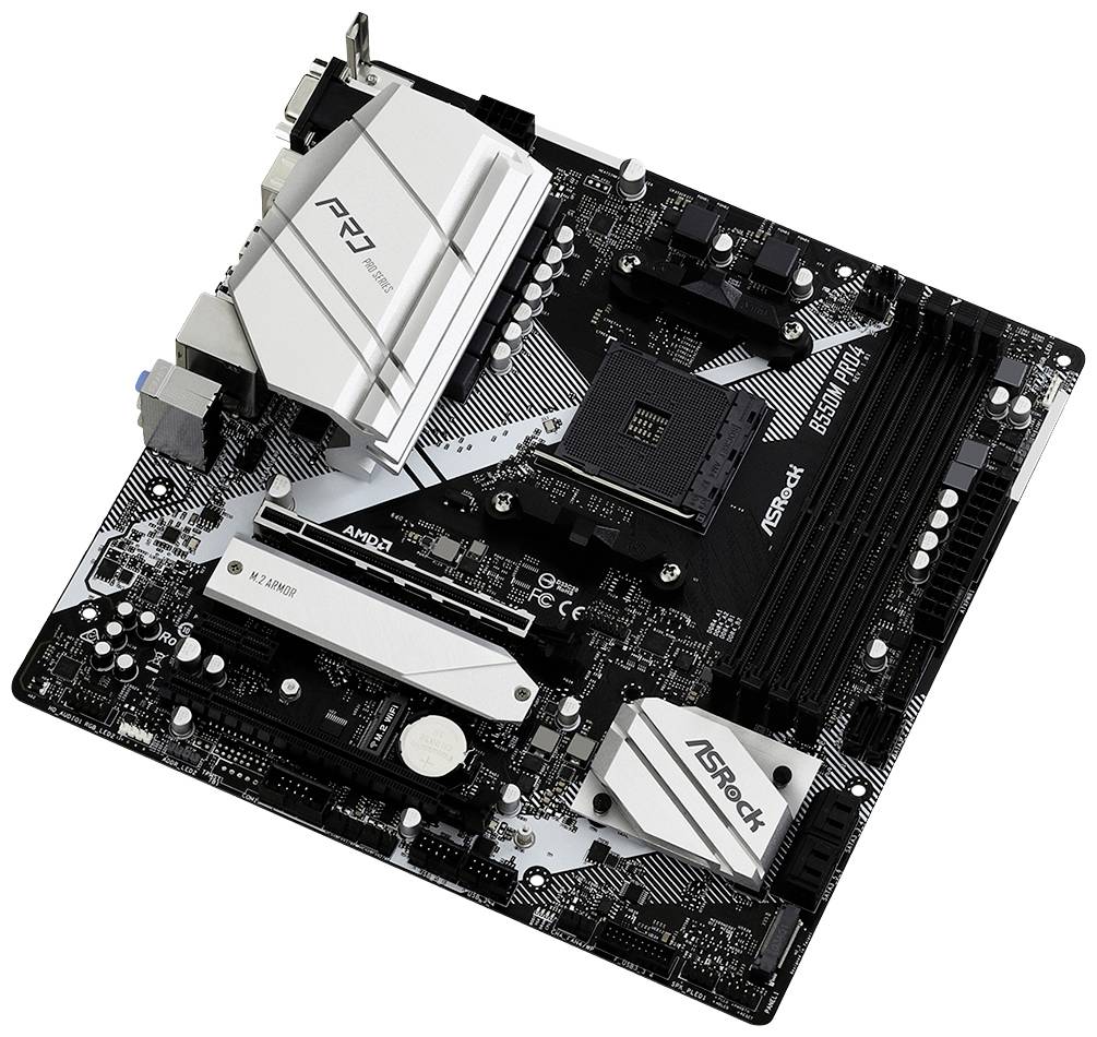 Una scheda madre per computer denominata 'ASRock', che mostra diversi slot RAM, slot PCIe e connettori su una piastra di colore nero.