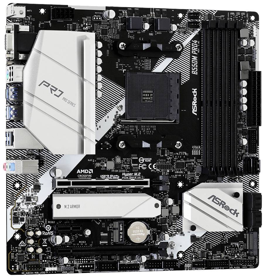 L'immagine mostra una scheda madre ASRock B550M Pro4 nera con elementi bianchi e argentati. Contiene diversi slot e connettori.
