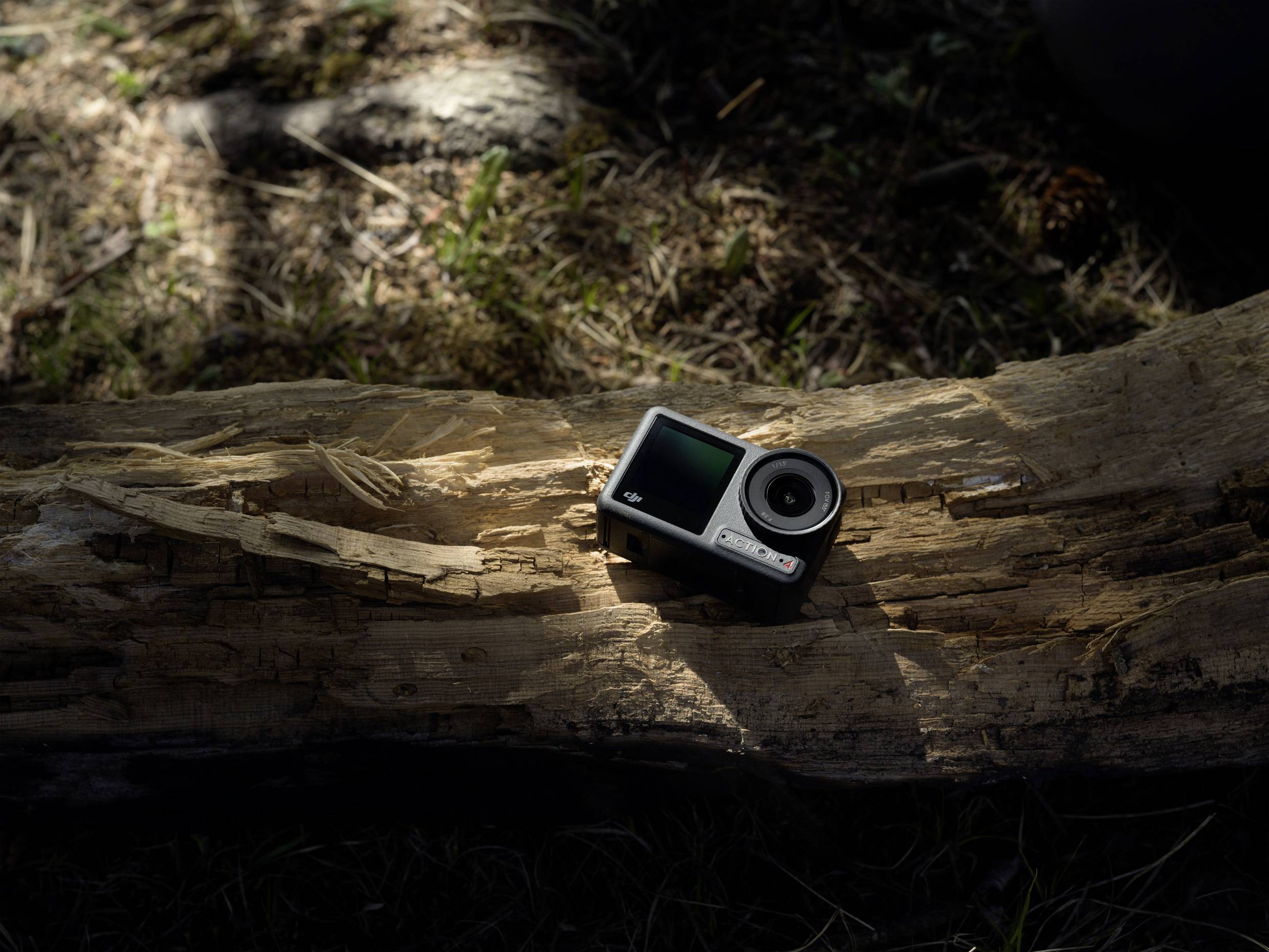 Una action camera è posata su un pezzo di legno nel bosco, parzialmente illuminata dalla luce del sole.