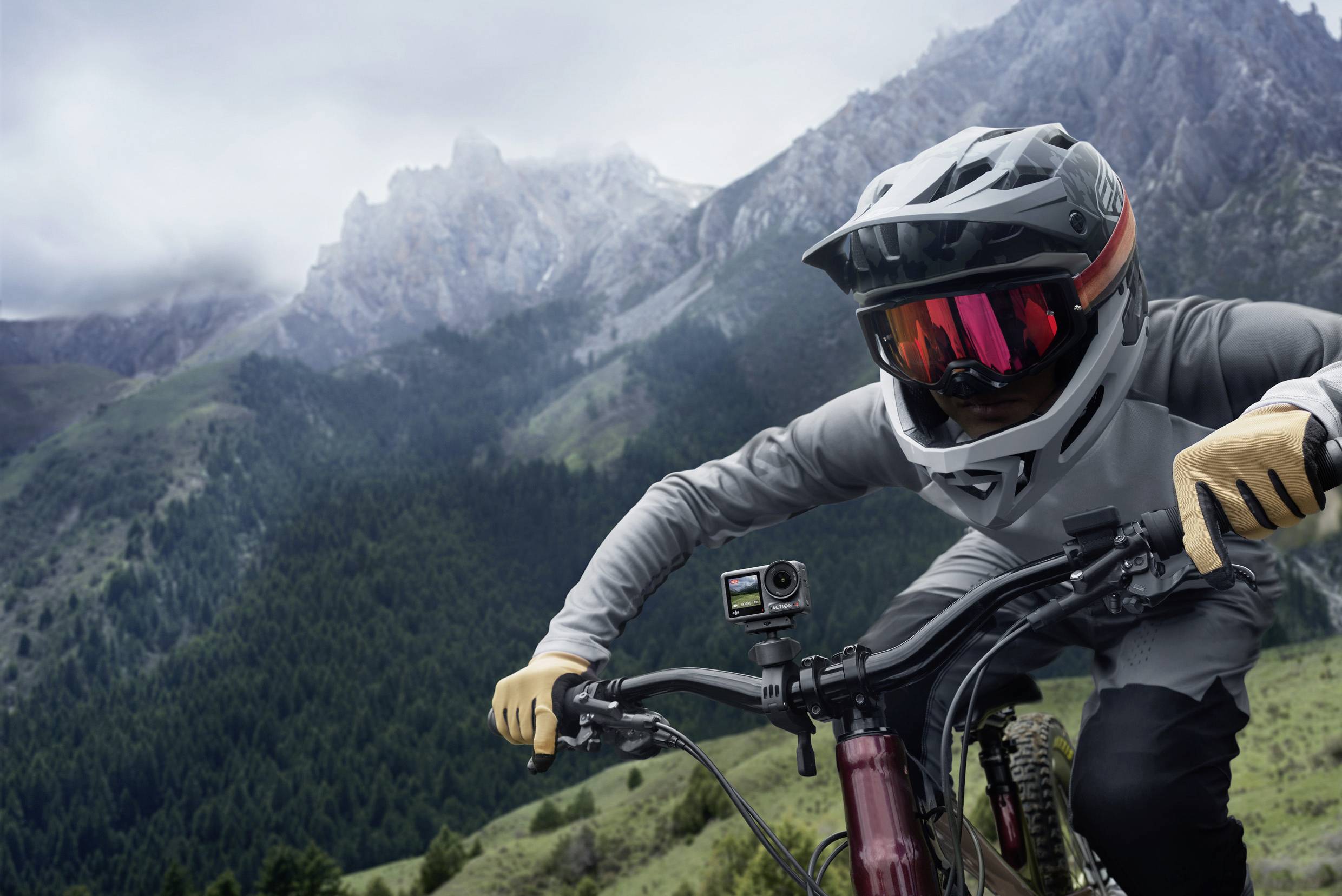 Una persona con il casco sta guidando una mountain bike su un sentiero verde, circondato da colline boscose e alte montagne sullo sfondo.