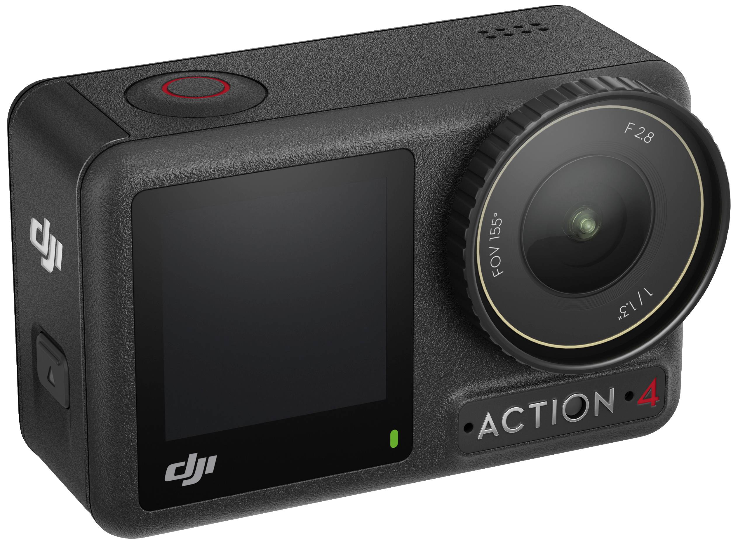 Una fotocamera d'azione nera con obiettivo e display, modello 'DJI Action 4'.