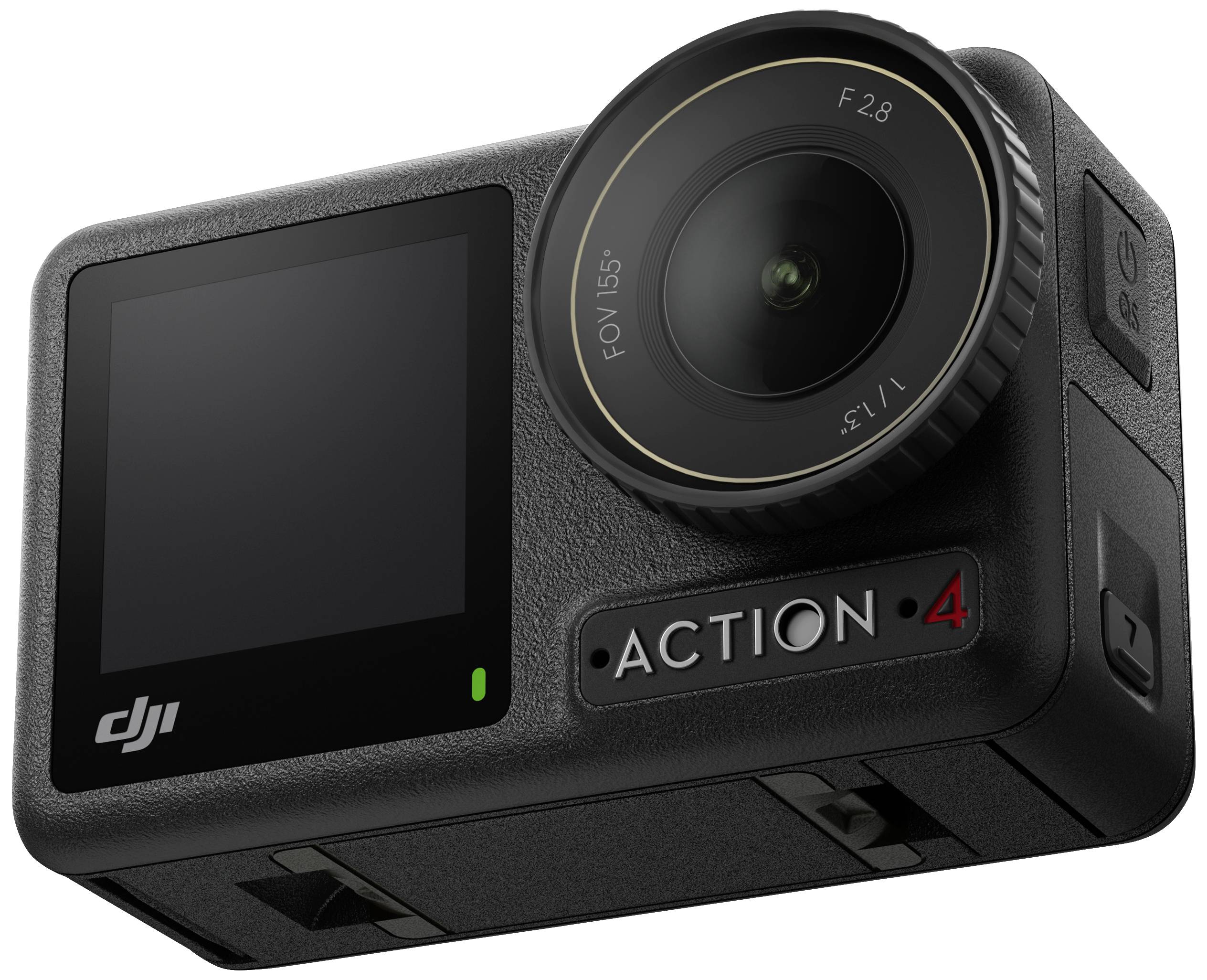 Fotocamera d'azione nera con obiettivo grande e display piccolo. 'DJI' e 'Action 4' sono stampati sul lato anteriore.