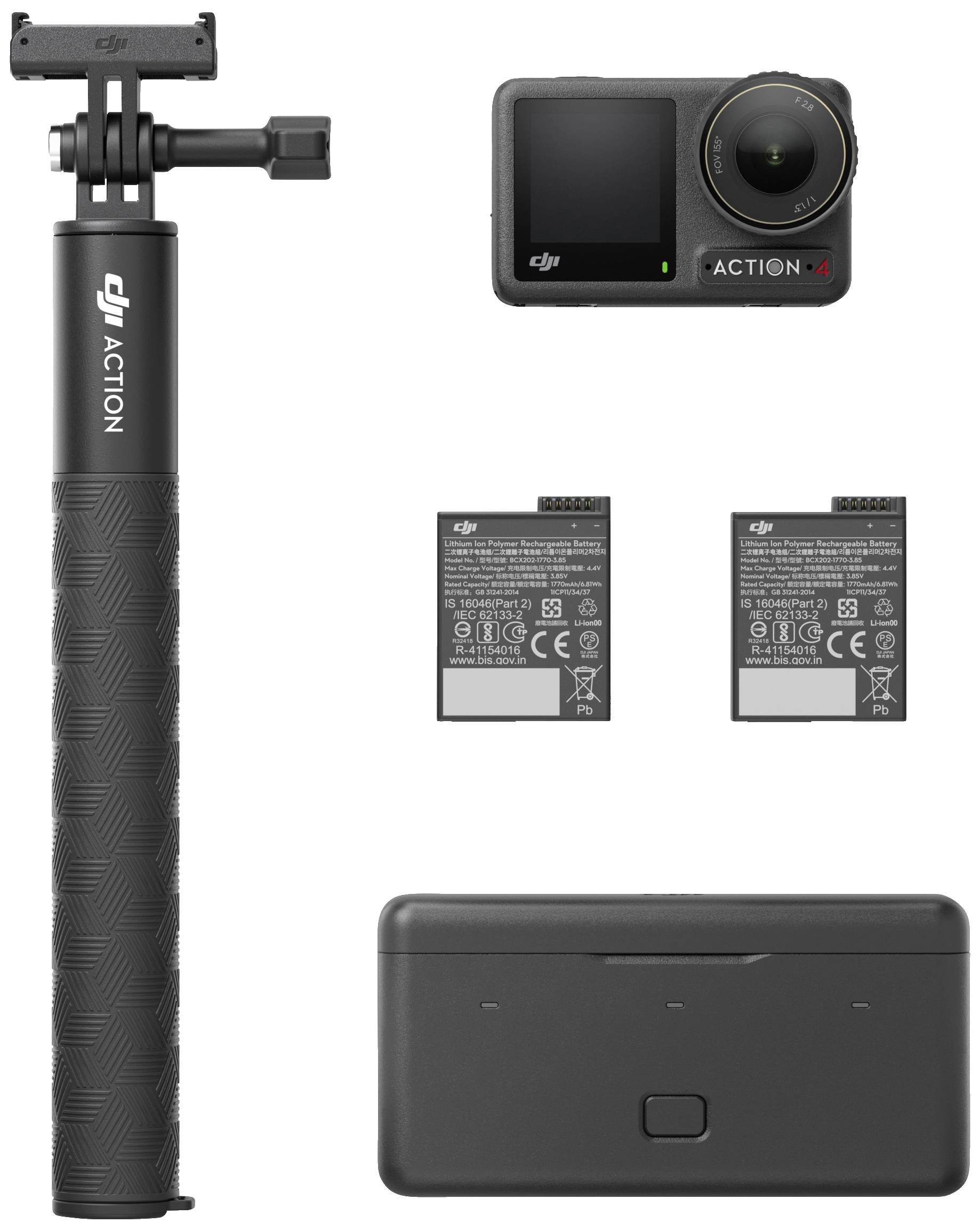 Set della fotocamera DJI Action 4 con selfie stick, due batterie di ricambio e un caricabatterie.