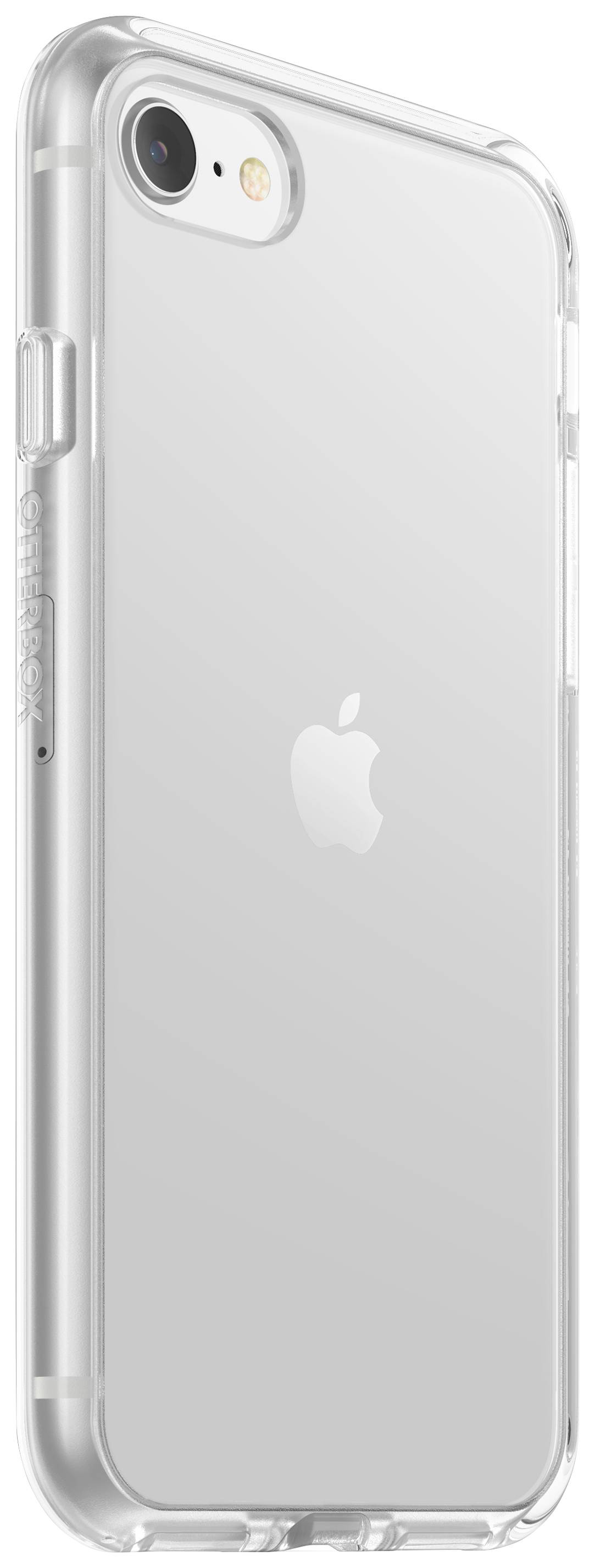 Smartphone con custodia protettiva trasparente, vista laterale. Logo Apple visibile sul retro del telefono.