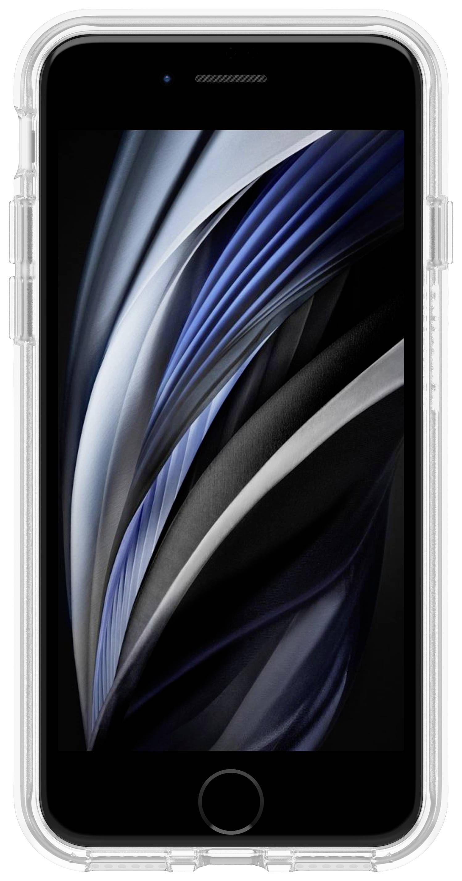 Un smartphone con custodia trasparente che mostra uno sfondo schermo astratto multicolore.