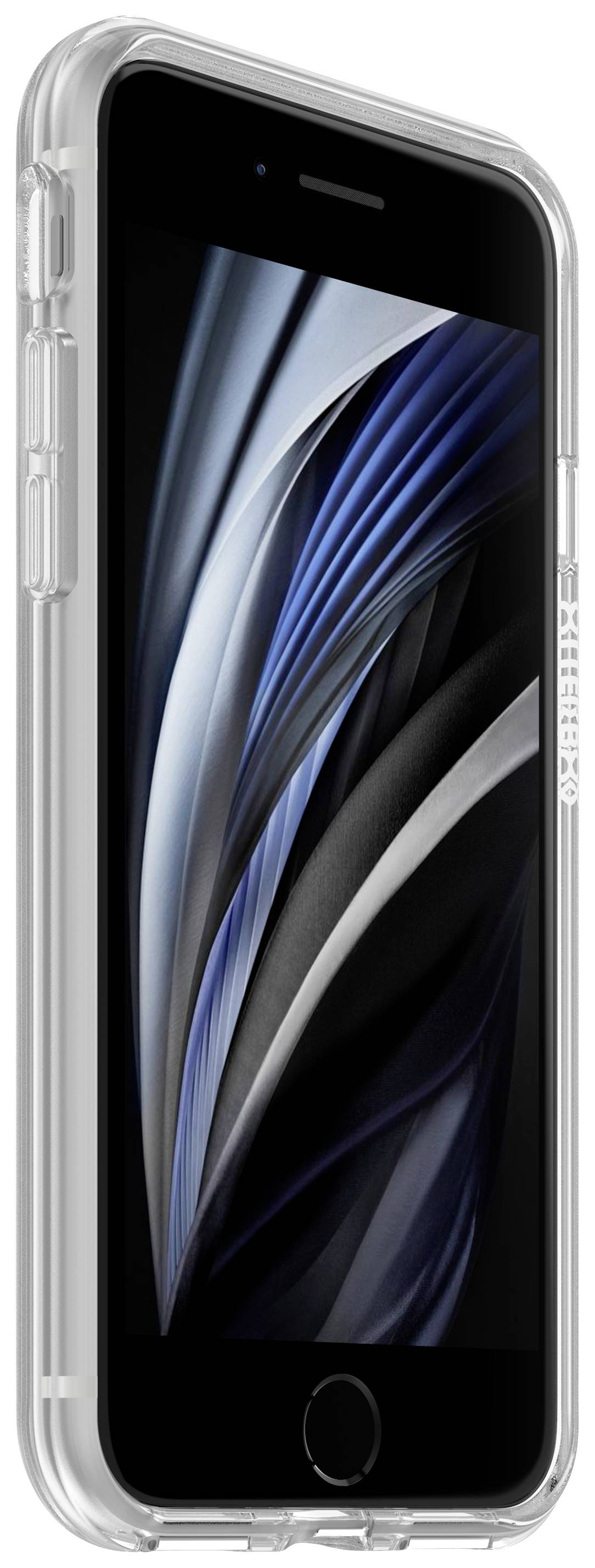 Smartphone con custodia protettiva trasparente, il display mostra un design astratto blu e nero.